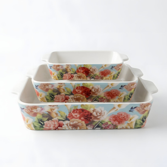 Floral Porcelain Casserole Set 3 Pcs